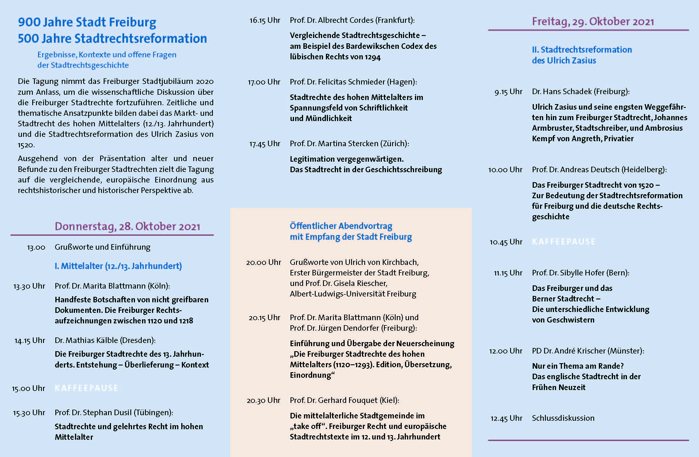 Programm Tagung 900 Jahre Stadt Freiburg